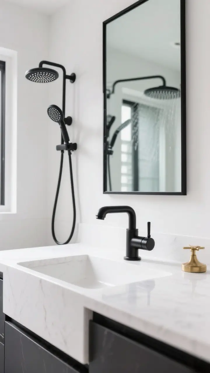 Detail closeup of a newly installed faucet and showerhead: sleek matte black single-handle faucet on a white countertop, coordinated with a rainfall-style showerhead and handheld attachment visible in the mirror reflection; finishes harmonize with a black-framed mirror and subtle brass accessory nearby; crisp, bright lighting.