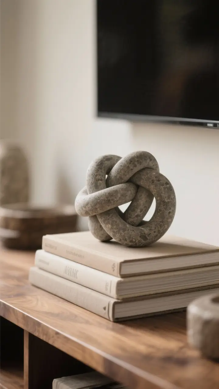 Detail closeup of a sculptural moment: a single substantial stone knot sculpture placed atop a stack of neutral coffee table books on a wood console; background softly blurred; emphasis on material contrast—cool stone against warm wood, gentle shadow play; minimal surrounding objects to let form and texture stand out.