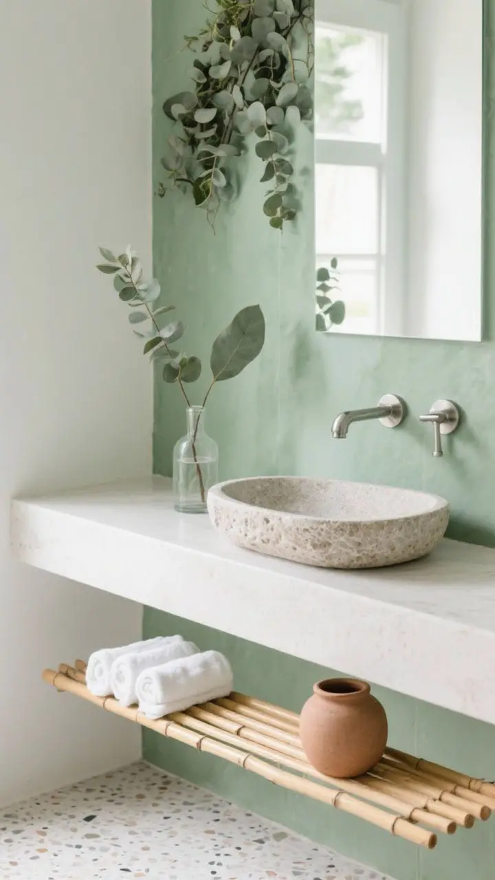 Detail closeup of a soft herbal eucalyptus green wall behind a stone vessel sink, light terrazzo floor peeking at the bottom, slim bamboo shelves holding rolled white towels, a clay jar, and a single leafy stem in a clear glass bottle; brushed nickel/stainless accents, fresh spa minimalism with bright, natural light.