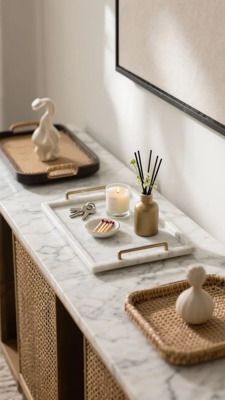 Detail closeup of a statement tray corralling essentials on a console: a rectangular marble tray about one-third console width holding keys in a tiny dish, a candle with matches, and a mini bud vase; another version nearby with diffuser and a small sculptural object; rattan texture peeking from an alternate tray in the background; natural side light highlighting marble veining and metallic match striker.