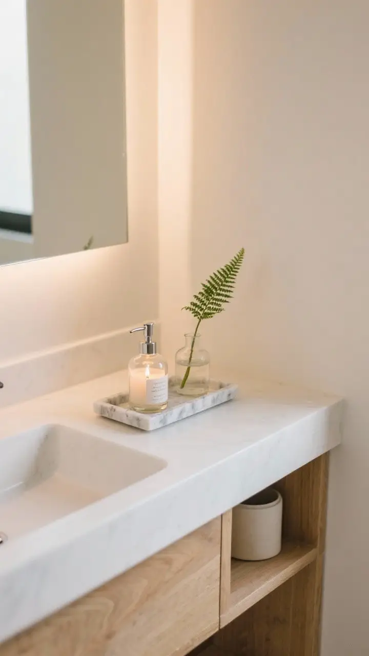 Detail closeup of a styled vanity corner: a small marble tray corralling a glass soap dispenser, a lit candle, and a tiny bud vase with a single stem; a micro plant (mini fern) beside it; clean white countertop and light wood vanity; soft, warm ambient lighting enhancing a curated, boutique vibe.