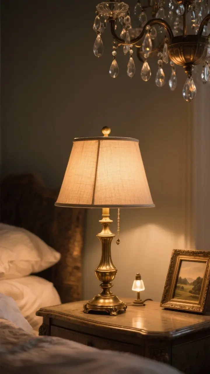 Detail closeup of antique lighting that glows: a brass bedside lamp with a linen shade casting warm 2700K light on a nightstand, plus a blurred background hinting at a vintage chandelier with crystal drops. Include a small picture light illuminating a framed landscape. Emphasize the warm, flattering glow and dim mood; rich shadows and highlights on metal patina; no people.