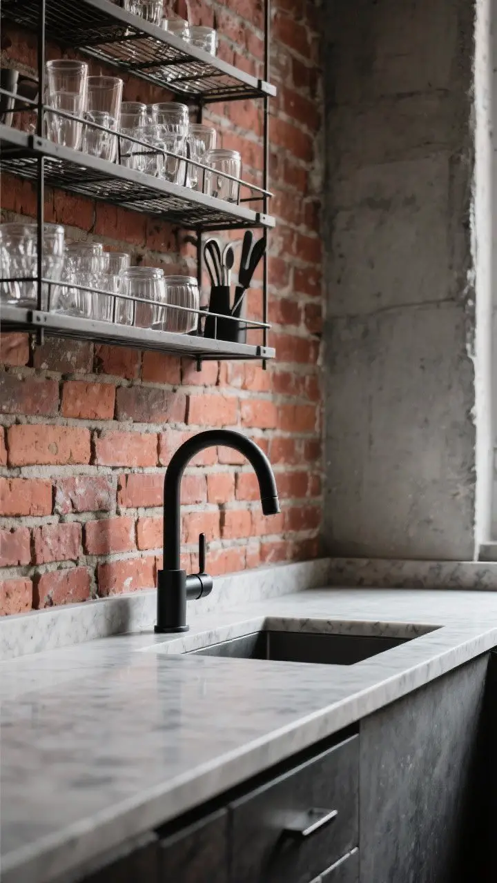 Detail closeup of industrial materials: exposed brick wall (thin brick veneer) sealed with a slight sheen, concrete-look quartz countertop edge meeting the brick, matte black faucet and handles, and open metal wire shelves holding glassware and bar tools. Gritty yet refined palette of red brick, concrete gray, and black, side-lit to reveal texture.