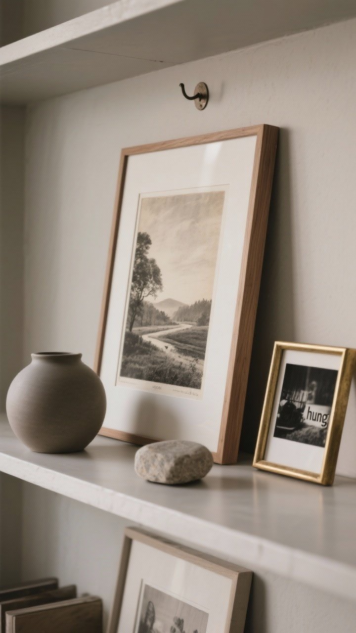 Detail closeup of layered art within shelves: a larger off-center vintage landscape print in a thin wood frame leaning at the back, partially overlapped by a smaller black-and-white photo in a brass frame. In front, a matte ceramic vessel and a smooth stone object create depth. Use stick-on hook illusion (subtle shadow at top) for a “hung” look. Soft, moody lighting for gallery-like depth.