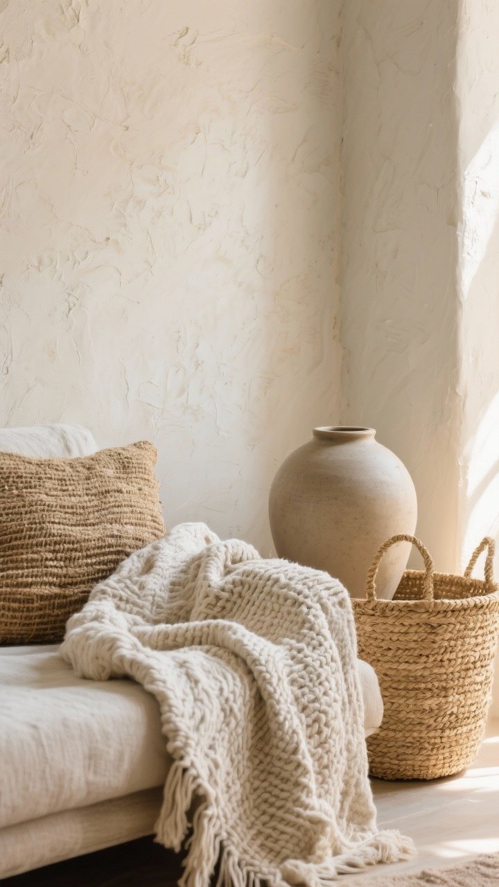 Detail closeup of layered textures: limewashed stucco wall meeting a nubby handwoven cotton throw with slubbed weave, a jute/sisal weave basket, and a matte unglazed ceramic vase; warm side light grazing surfaces to emphasize tactile contrast and depth without clutter.