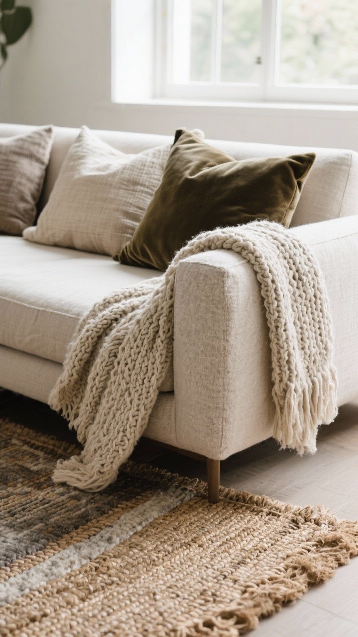 Detail closeup of layered textures on a sofa setup: a linen or textured cotton sofa arm with a chunky knit throw cascading over the side, a mix of slubby linen and smooth velvet pillows, and a glimpse of a jute/sisal rug underfoot with a layered flatweave or wool rug on top; soft natural window light emphasizing fabric weaves and tactile depth, photorealistic.