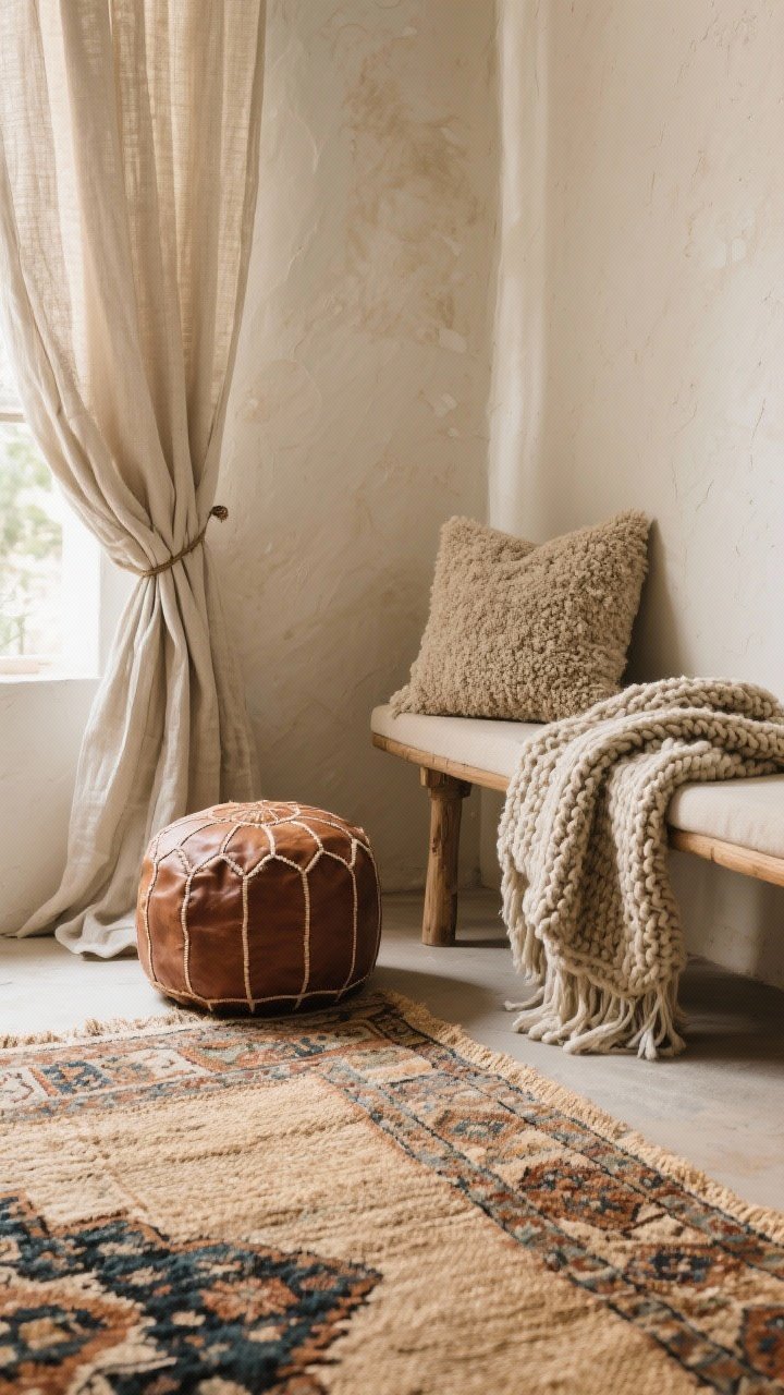 Detail closeup of layered textures on the floor: jute base rug with a vintage Moroccan-style wool rug layered on top; edge of linen curtain pooling slightly, a bouclé pillow on a low leather pouf nearby, chunky knit throw draped over a bench leg; wall shows a subtle limewash or plaster-look finish; warm natural light emphasizing texture depth, photorealistic, no people.