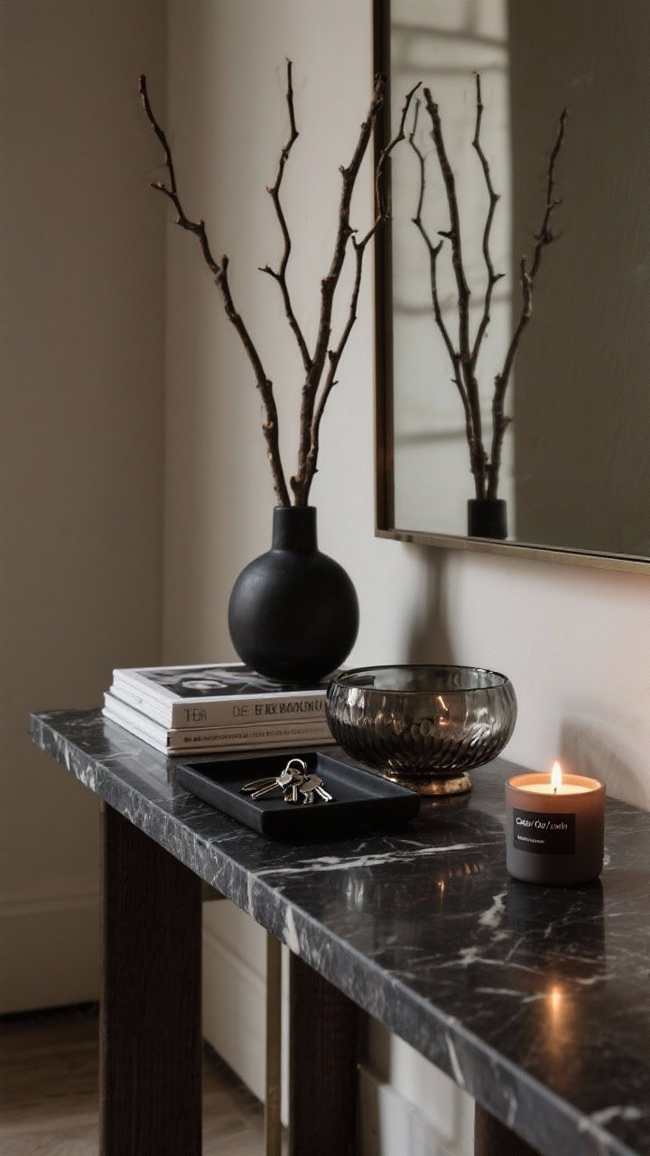 Detail closeup of mood-setting accessories atop a dark stone-top console: a black marble tray holding keys, a smoked glass bowl, a hammered metal dish; tall architectural branches in a matte black ceramic vase; a small stack of design and photography books; a candle in matte vessel labeled cedar/oud/leather, softly glowing. Warm, low lighting with gentle reflections, no clutter.