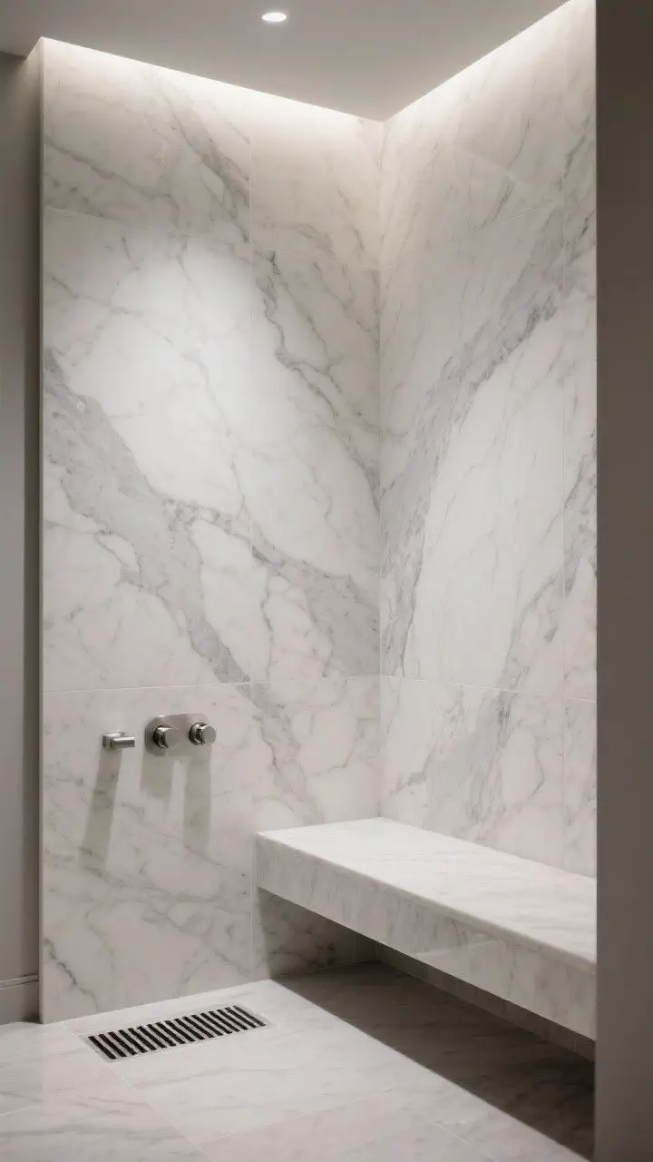 Detail closeup of natural stone-look sanctuary: large-format Calacatta-mimic porcelain slab wall with soft veining washed by a recessed light; floor slab continuing seamlessly over a tile-in hidden drain; brushed stainless controls kept subtle; slab-lined oversized niche spanning two studs; matching short slab bench edge entering frame; serene, high-end marble look with minimal grout; focused, moody lighting emphasizing veining.