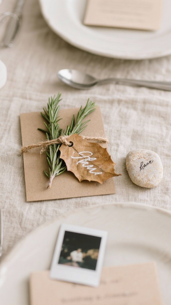 Detail closeup of personalized place cards: a sprig of rosemary tied to cardstock with twine and a tiny tag, a dried leaf with a name written in white paint pen, a smooth beach stone with a handwritten name, and a Polaroid photo tucked at one setting; arranged on natural linen with understated plates, intimate, thoughtful mood.