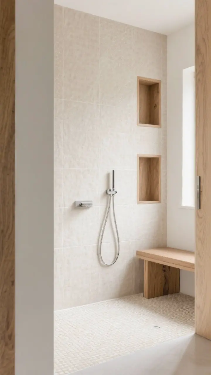 Detail closeup of Scandinavian retreat textures: soft sand linen-texture porcelain wall tile and adjacent cream micro-mosaic floor at a curbless entry; brushed nickel minimalist control and slim hand shower partially visible; compact teak corner bench with subtle grain; vertical double niche framed in oak-look porcelain; soft, diffuse daylight; tight composition focused on tactile warmth and calm Nordic palette.