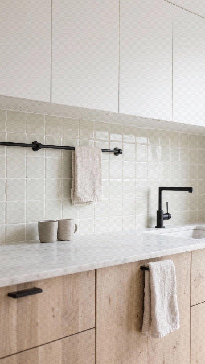 Detail closeup of Scandinavian textures: whitewashed oak lower cabinets, linen-textured cabinet fronts on uppers, ultra-matte quartz counter; pale putty zellige tile backsplash with gentle variation; minimal black powder-coated pulls; slender wall rail with a couple of mugs and a linen towel; discreet hot-water tap; soft, diffuse daylight for a serene, calming feel.