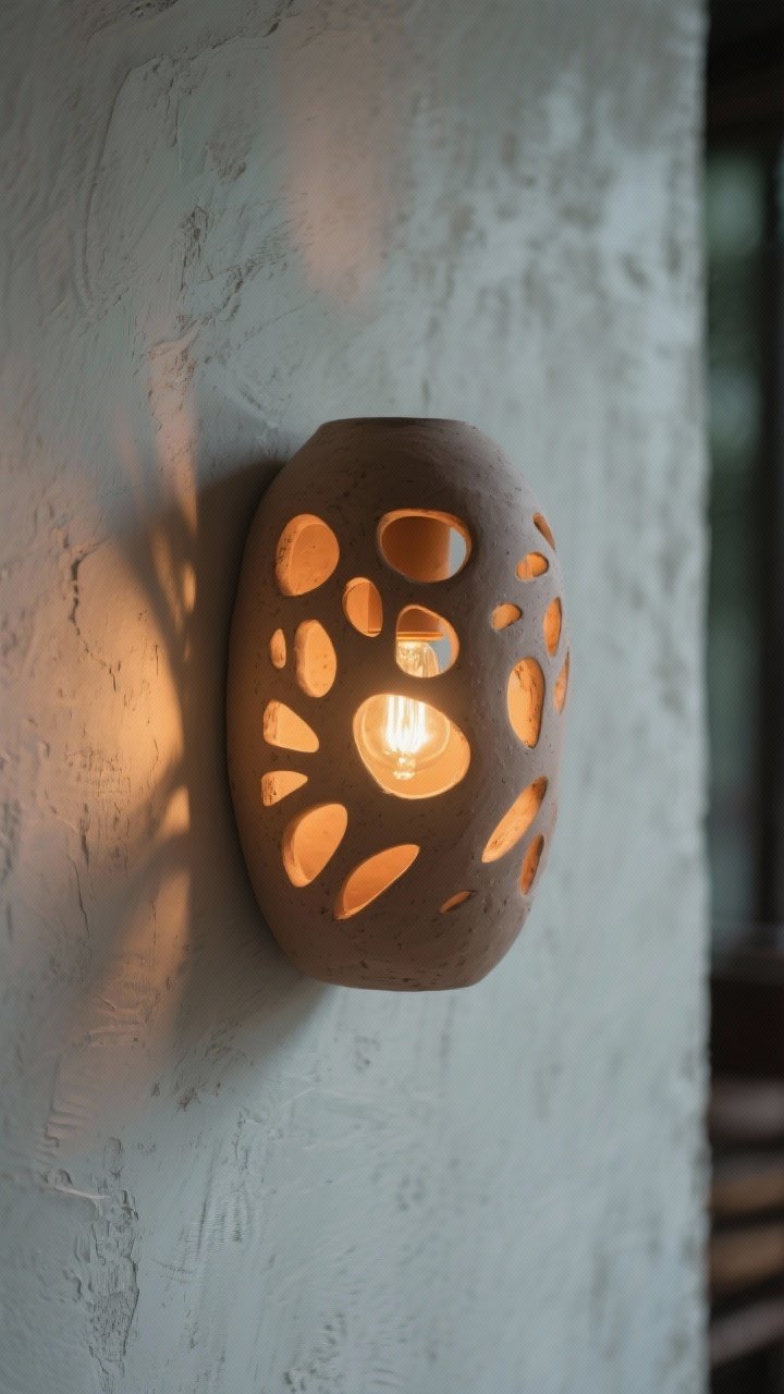 Detail closeup of sculptural lighting: a clay sconce with cutout patterns casting warm, moody light across a limewash wall at dusk; visible soft-edged form, amber-toned bulb temperature, delicate shadow play, photorealistic texture of clay and plaster.
