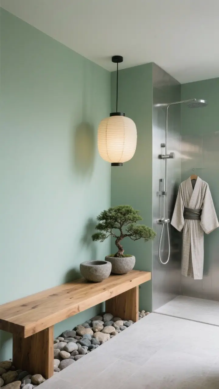 Detail closeup of soft celadon green wall beside a teak bench, river rock shower floor underfoot, and a paper lantern pendant above; a minimal vignette showing a bonsai, a stone bowl, and a folded kimono-style robe; brushed stainless accents; tranquil, zen light.
