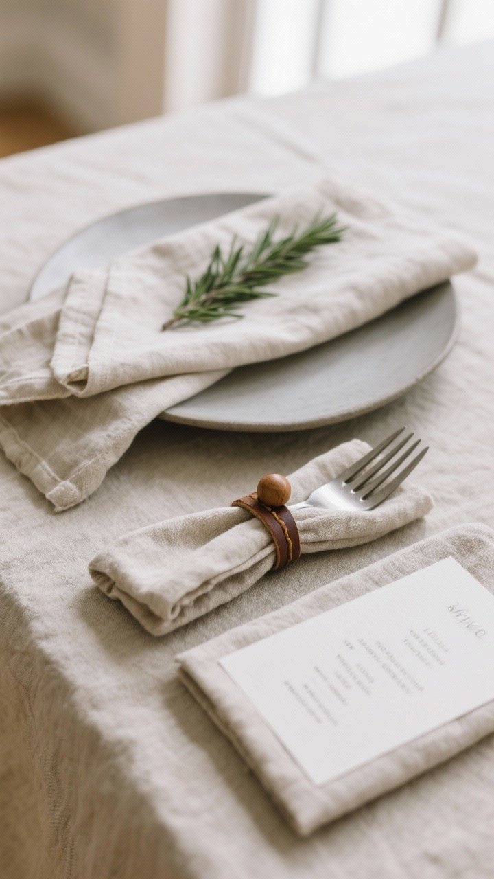 Detail closeup of styled cloth napkins: one linen napkin in a classic drape across a matte plate with a fresh rosemary sprig tucked on top, another in a loose knot placed under the fork, and a third folded into a tidy rectangle with a minimalist printed menu card; DIY napkin ring made of leather cord with a single wood bead; muted, photogenic palette with soft natural window light.