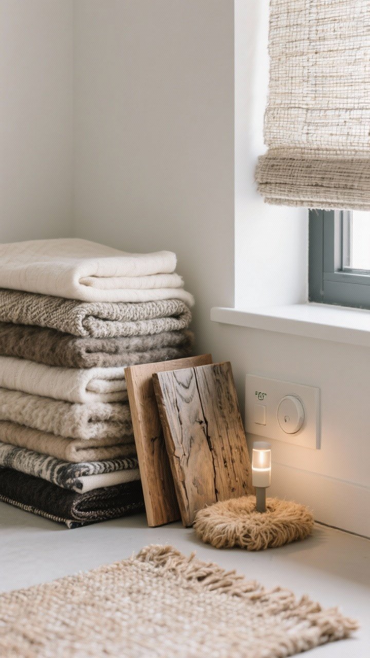 Detail closeup of sustainable, mindful materials vignette: stack of fabric swatches in organic cotton, linen, wool, and recycled performance textiles; FSC-certified reclaimed wood sample with visible grain; small jute and wool rug corner overlap; LED dimmer switch and insulating woven window treatment edge in frame; minimal, natural palette conveying quality-over-quantity, photorealistic, no people.