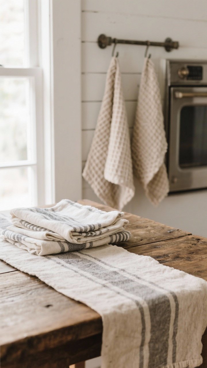 Detail closeup of textiles: A small arrangement of layered farmhouse textiles—linen runner draped across a wood table, grain-sack striped napkins folded beside, and a pair of waffle-weave tea towels hanging from an oven bar. Soft, natural fibers and subtle, neutral stripes; gentle window light accentuates texture.