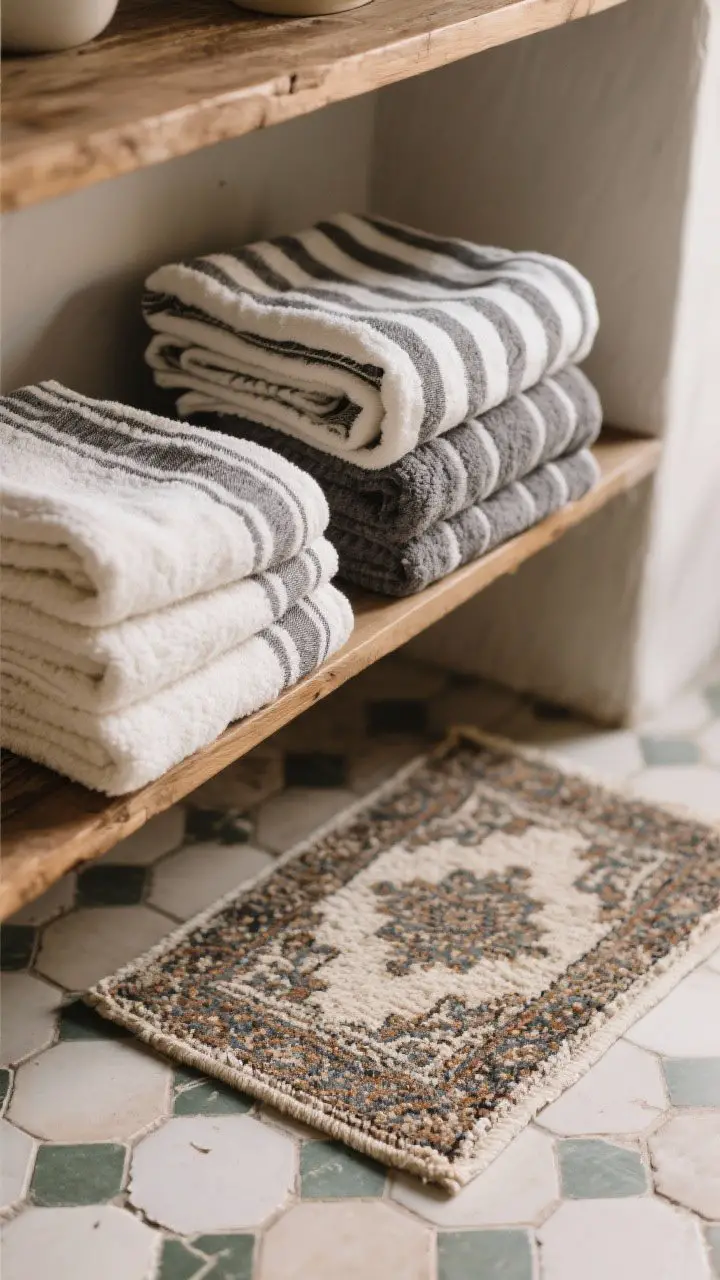 Detail closeup of textiles: folded Turkish towels with subtle stripe pattern in a restrained two-color palette (off-white and muted charcoal) stacked on a wood shelf; a plush, vintage-style bath mat with worn Persian motif on hex tile floor; tactile textures emphasized with soft natural light.