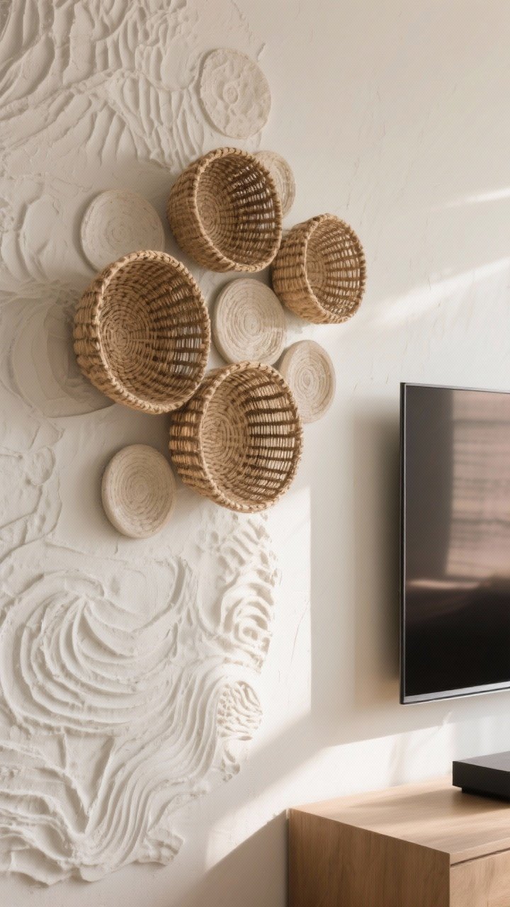 Detail closeup of textured wall decor above a TV: an asymmetrical cluster of 3–5 shallow woven baskets in natural fibers paired with a minimalist plaster relief or ceramic wall discs; neutral palette to prevent visual chaos; directional side light emphasizing weave, plaster texture, and gentle shadows; the TV edge barely in frame to show placement context; photorealistic.
