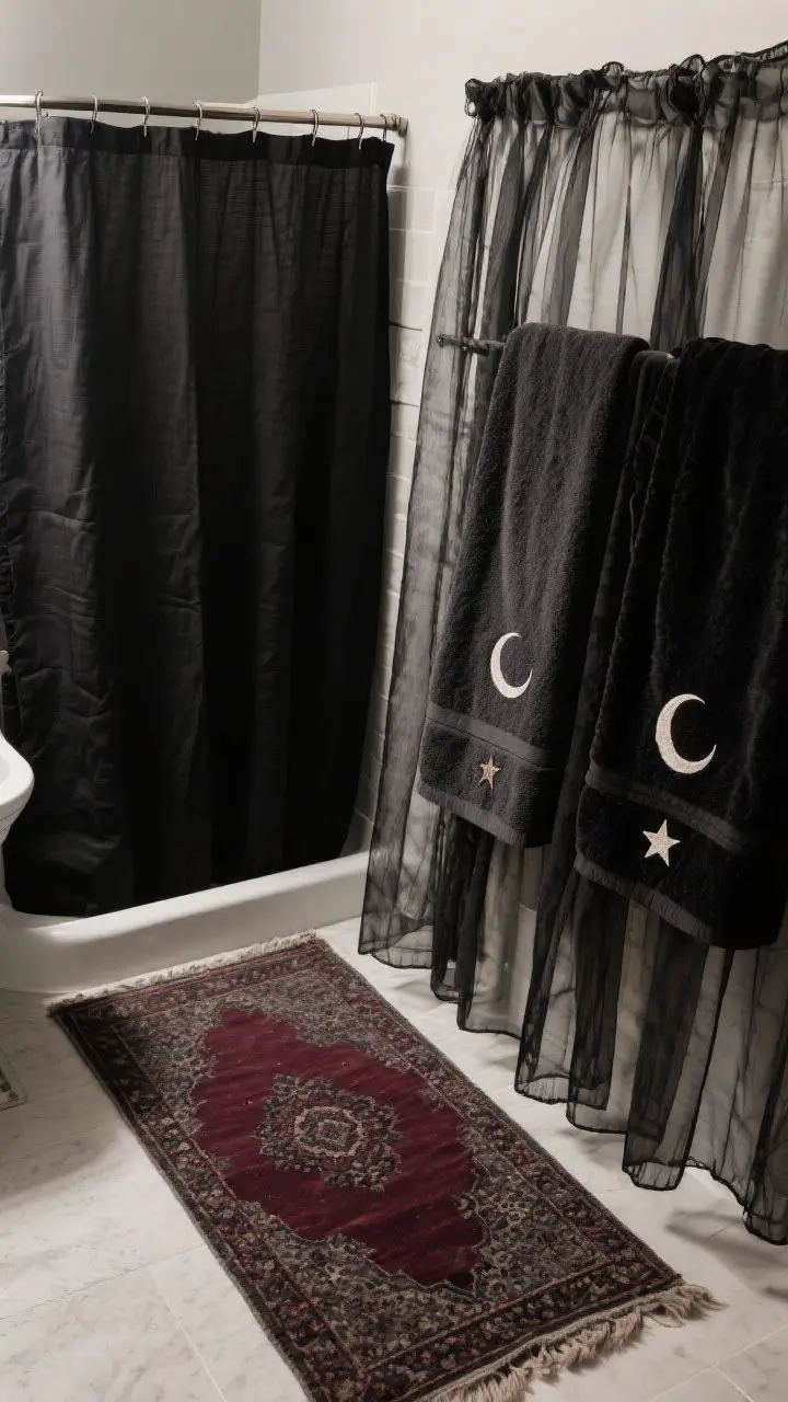 Detail closeup, overhead: Layered witchy textiles—a black linen shower curtain with a sheer overlay, a washable vintage-look Persian-style runner in muted burgundy and charcoal, charcoal towels with embroidered moon and star details, and gauzy black cafe curtains; tactile focus on velvety and nubby textures under soft ambient bathroom light; photorealistic.