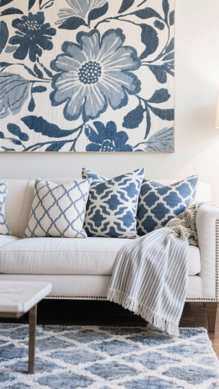 Detail closeup: Pattern mix on a sofa setting—large-scale abstract or oversized floral rug peeking below, medium-scale geometric/trellis pillows, and a small-scale pinstripe throw draped across; tight color story in blues, grays, and white, with one subtle accent tone; soft natural side lighting to emphasize pattern scale.