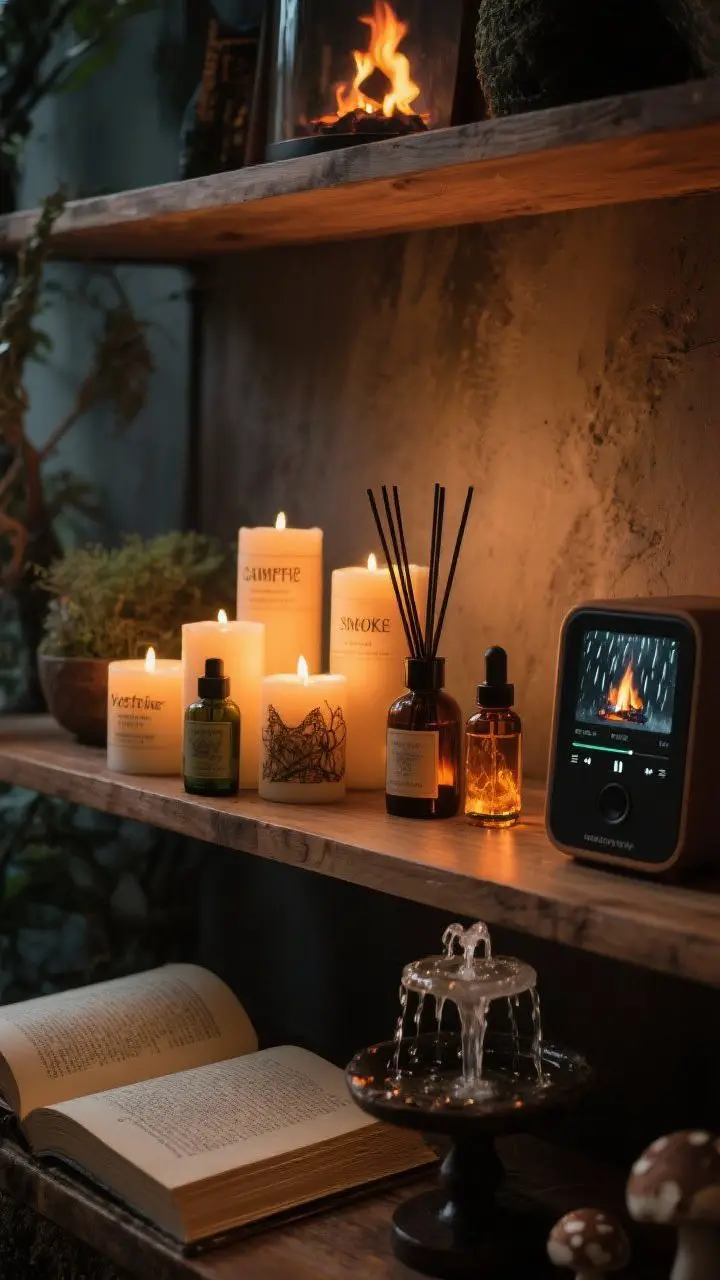 Detail closeup: Scent-and-sound tableau on a wooden shelf—cluster of candles labeled forest, campfire, smoke, and resin, diffuser with cedar, oakmoss, amber, vetiver, and mushroom accord oils, small tabletop fountain trickling beside a speaker displaying a rain and crackling fireplace playlist, dimmed lights reflecting warm amber, a folklore book open to a page, moody, immersive atmosphere, photorealistic.