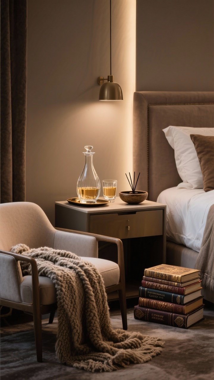 Detail closeup: Sensual accents vignette on a nightstand and chair—glass carafe with matching tumbler, a perfume tray or small incense bowl, a textured throw draped over a chair at the foot of the bed, and a short stack of beautifully covered books coordinating with the room’s palette; subtle, indulgent, not kitschy; warm dim ambient light.