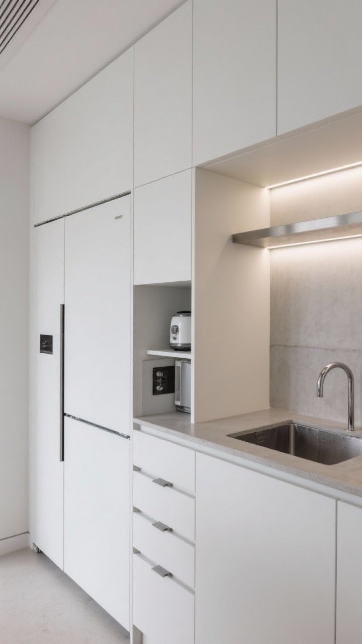 Detail closeup, straight-on, of a modern minimalist pantry’s hidden tech: matte white slab cabinets with push-to-open doors and a pocketing appliance garage partially open to reveal concealed small appliances; seamless microcement (or solid-surface) counter and wall continuous in tone; panel-ready fridge drawer stack aligned next to a whisper-quiet dishwasher; invisible LED channel lighting under shelves; a minimalist brushed stainless trough sink—clean, gallery-like lighting.