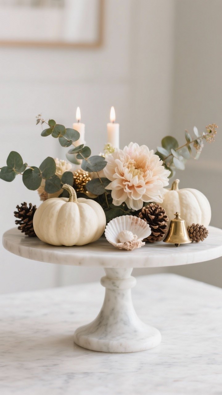 Detail closeup, straight-on, of a seasonal moment on a pedestal or cake stand: styled for a chosen season—fall with mini white pumpkins and seeded eucalyptus; winter with pinecones and small brass bells or a cluster of ornaments; spring/summer with peonies or dahlias, or seashells with candles. High-impact, minimal elements, soft natural light accentuating seasonal textures.