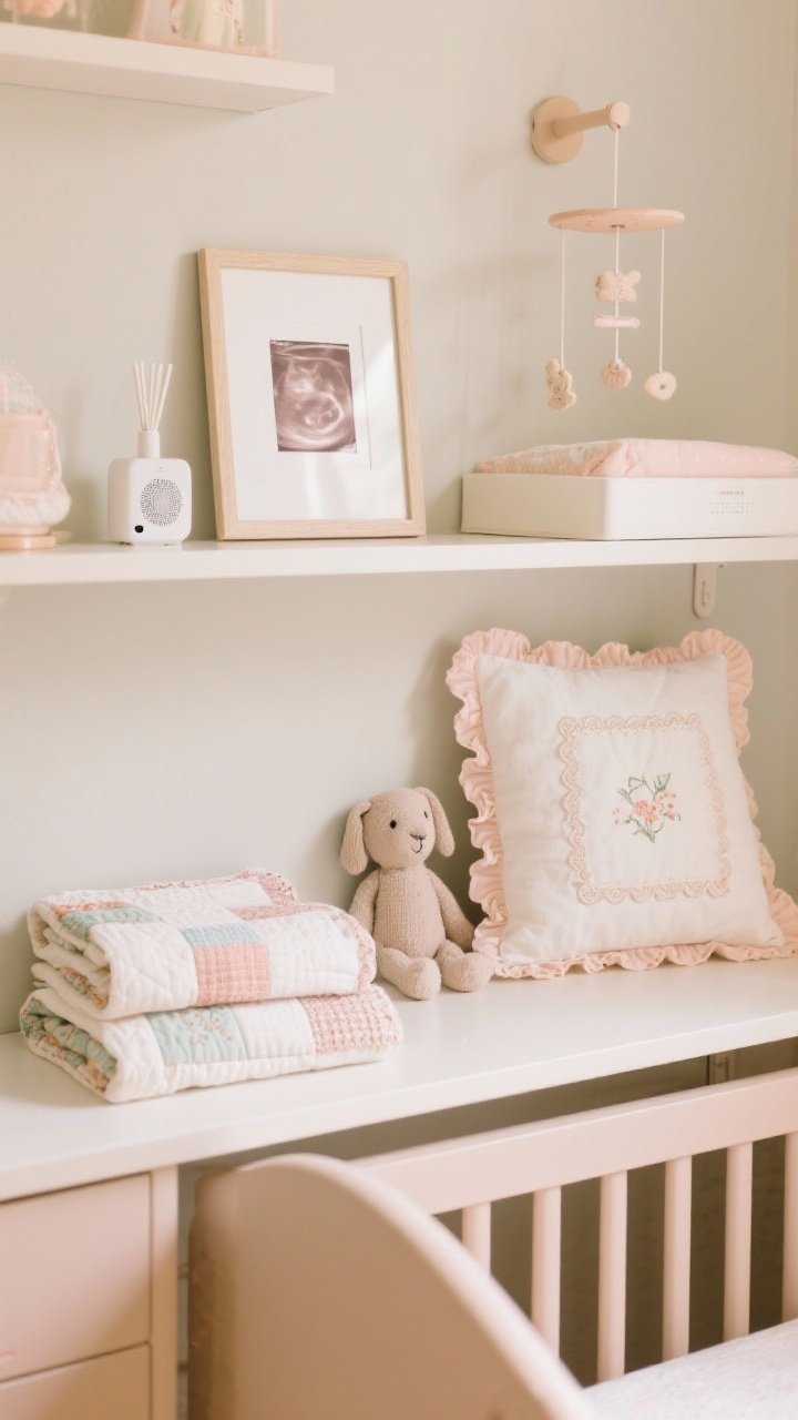 Detail closeup tabletop/shelf vignette: Curated sweet accents—a neatly folded heirloom quilt, a framed sonogram, a special stuffed animal posed on a shelf, scalloped-edge blanket corner visible, and an embroidered decorative pillow nearby (not in the crib); a delicate mobile above the changing station in soft pastels slightly out of focus; a subtle diffuser set away from the crib and a compact white noise machine on a higher shelf; serene, uncluttered, soft warm light.