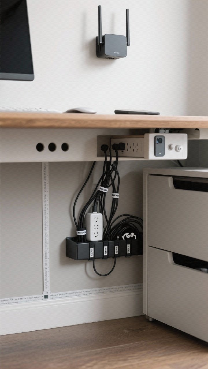 Detail closeup: Tech-tidy cable management—under-desk cable tray neatly holding a power strip and cords, Velcro ties bundling labeled cables; desktop grommets guiding lines downward; adhesive raceways along the baseboard painted to match the wall; a charging drawer open to reveal an internal power bar for phones and earbuds; router mounted high and central.