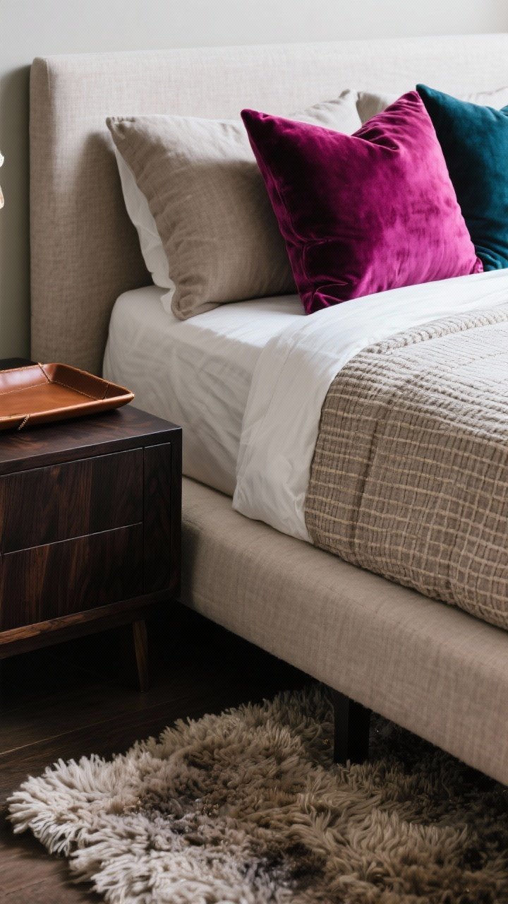 Detail closeup: Texture-focused vignette on the bed corner and bench—velvet pillows in jewel tones, a linen duvet cover with visible weave, a leather tray on a dark wood nightstand, and the edge of a wool/shag rug underfoot; limited palette of 3–4 colors, light absorbed into soft materials, photorealistic macro fabric detail.