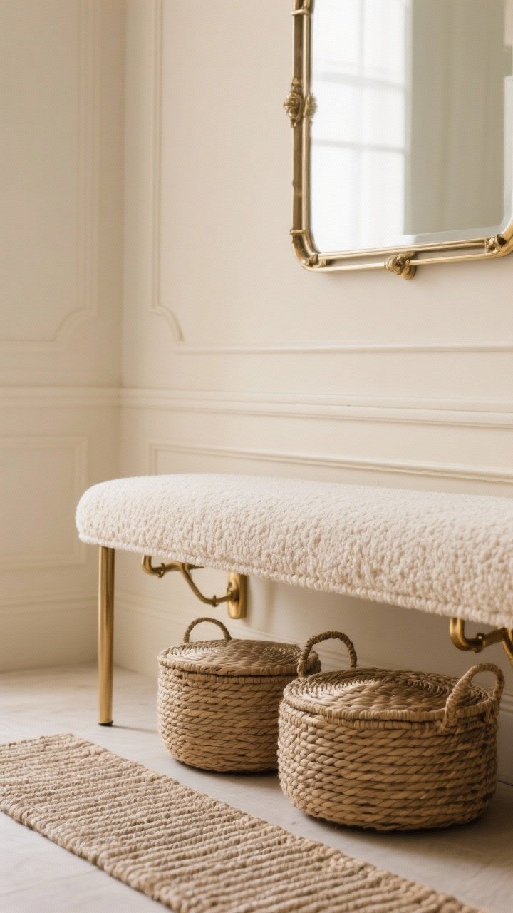 Detail closeup: Tone-on-tone layering—beige-on-beige wall and trim backdrop with a boucle-upholstered bench seat, ribbed runner underfoot, woven lidded baskets tucked beneath; subtle brass hooks and matching brass frame on a mirror for a single metal finish; soft, diffuse daylight emphasizing tactile textures.