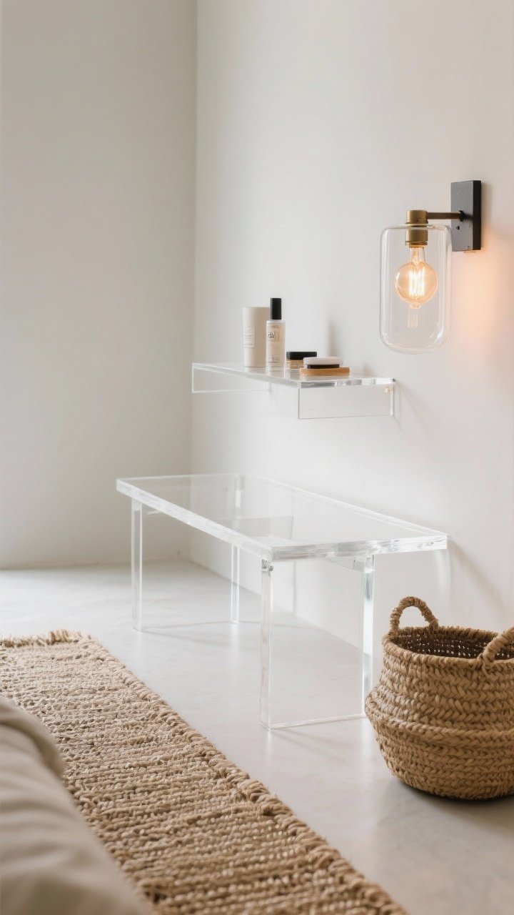 Detail closeup: Transparent materials in play—a lucite floating shelf holding a few essentials, an open-leg bench below allowing light to pass through, and a glass sconce with an exposed warm bulb; juxtaposed with a textured woven runner and a seagrass basket for balance; clean, modern, photorealistic textures.