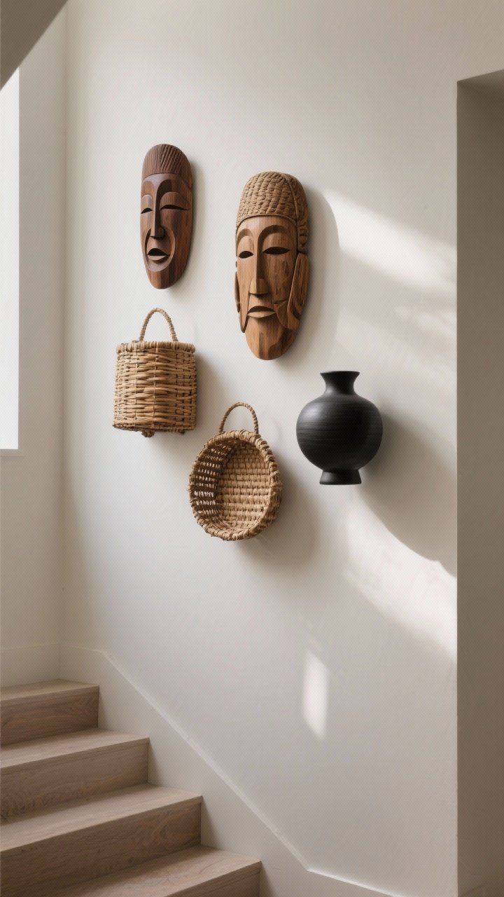 Detail/medium: A landing-level arrangement of sculptural wall-mounted objects—carved wooden masks, woven rattan baskets, and matte black ceramic pieces—grouped in threes with varied sizes; shallow projection to avoid catching sleeves; repeated natural materials for cohesion; indirect light grazing the textures.