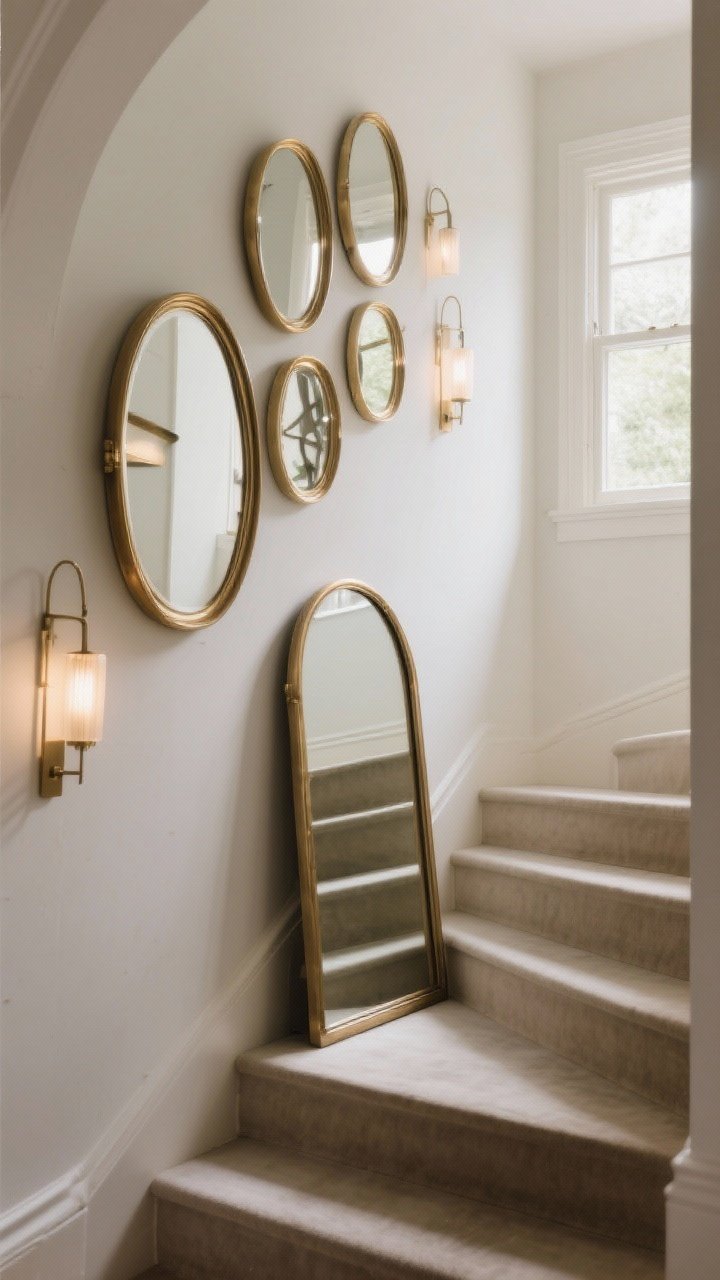 Detail/medium: Cluster of statement mirrors on a staircase wall—arched, round, and oval—kept cohesive with a single brushed brass finish; angled to catch light from a nearby window and wall sconces, bouncing light into a narrow stair; avoid reflecting any clutter; a floor-length arched mirror anchored at the landing adds drama; soft, flattering illumination.