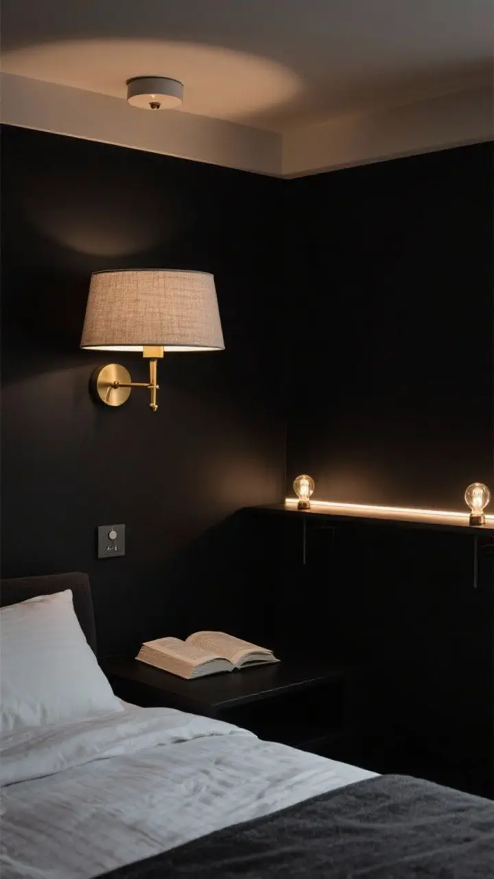 Detail/medium composite lighting vignette: Corner of a black bedroom showing layered lighting—ambient flush mount with a fabric shade casting a soft overall glow, brass swing-arm sconce as task light beside the bed for reading, and a slim LED tape under a floating shelf providing accent light; bulbs set to warm 2700–3000K; include a visible dimmer switch on the wall; mood: moody but not cave-like.