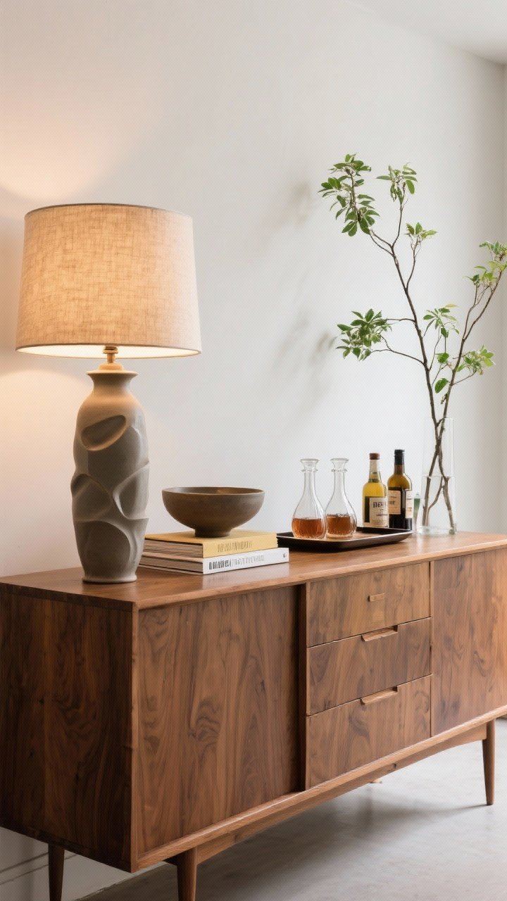 Detail/medium hybrid: A styled sideboard with personality—vintage credenza or mid-century piece against a clean wall. On top: a tall ceramic lamp, a short stack of design books, and a sculptural bowl for height layering; a small bar setup with a tray, two decanters, and select bottles; and greenery—tall branches in a matte ceramic vase. Warm lamp glow adds depth; surfaces show subtle wood grain.