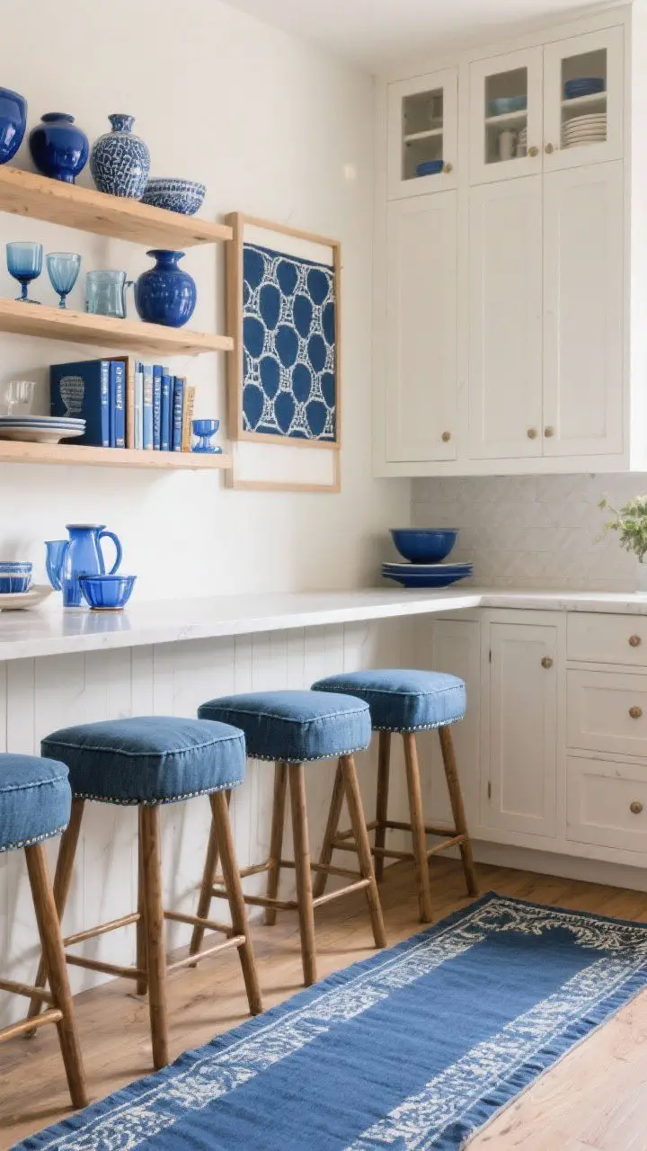 Detail/medium hybrid: Blue accents in a neutral kitchen—denim-upholstered counter stools, a vintage-style blue runner grounding the floor, open shelves styled with blue ceramics, glassware, and blue-spined cookbooks, plus a framed graphic textile in navy. Soft warm light, white cabinets and light wood tones as backdrop. Corner angle focusing on the layered but low-commitment blue touches.