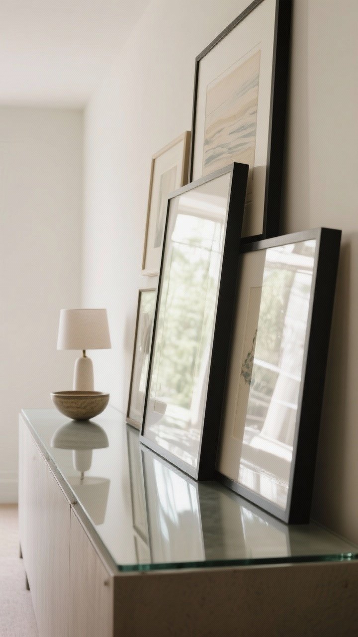 Detail/medium shot: A long console styled with layered leaning art—large frames overlapping in front of each other for depth—in neutral palettes and black frames. No nails visible; a ceramic bowl and a small table lamp complete the vignette. Soft afternoon light grazes the glass and frame edges, creating subtle reflections. Straight-on, intimate.