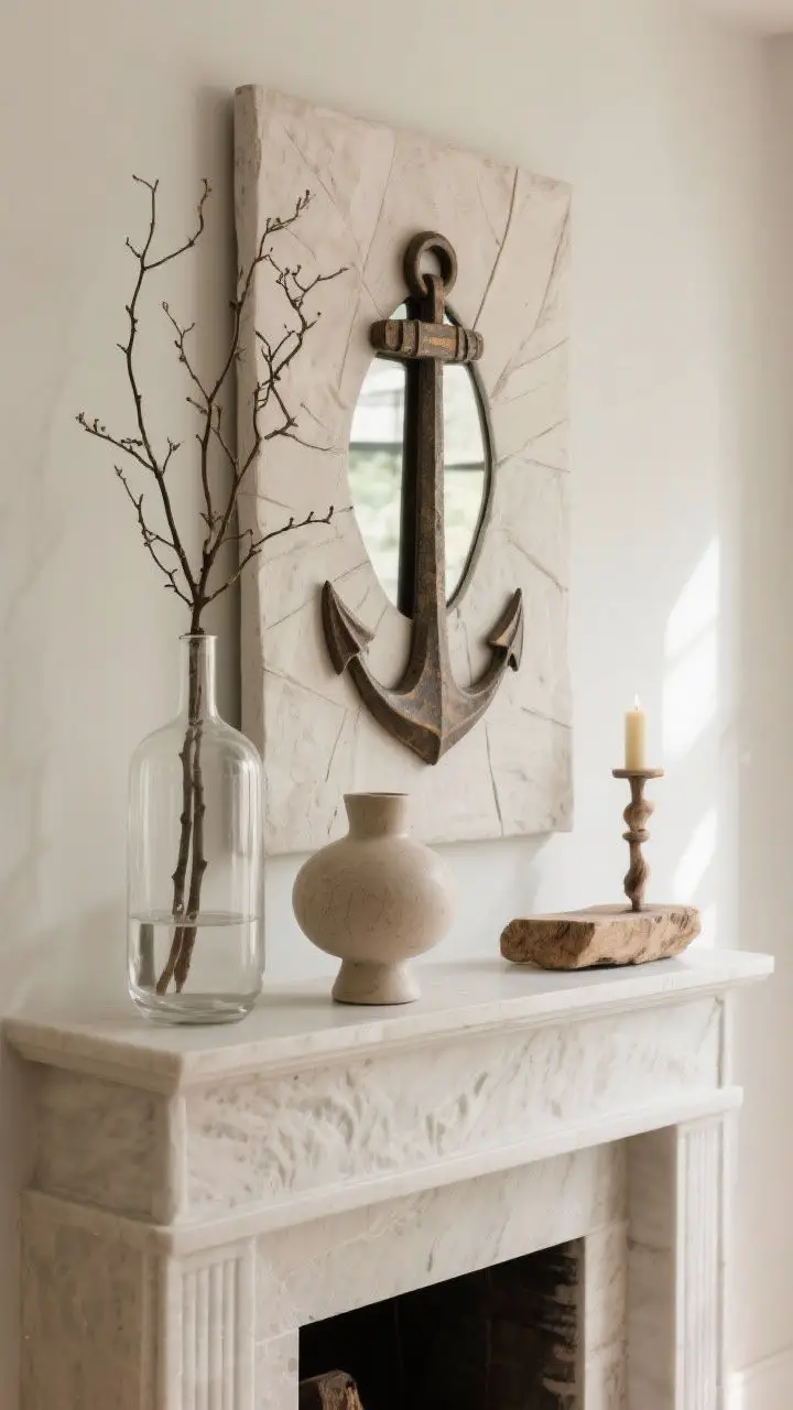 Detail/medium shot focusing on the rule of three styling on a mantel: groupings of one tall vase with branches, one medium sculptural object, and one low candle. Textural mix: clear glass vase, ceramic object, and natural wood or stone piece. A larger center anchor (an art piece or mirror) behind them, with asymmetrical balance around it. Neutral tones with tactile textures highlighted by soft side lighting. Eye-level close crop to emphasize heights and materials.