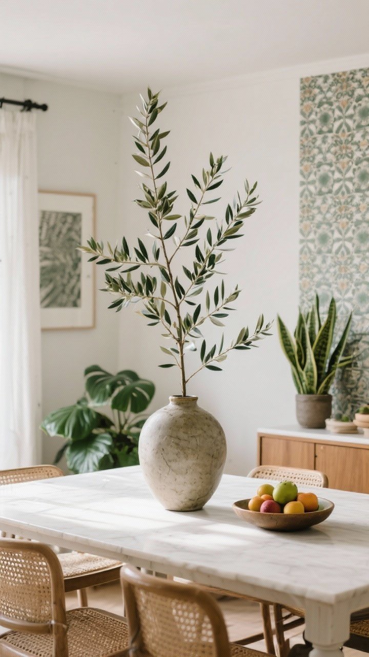Detail/medium shot: Nature elements in the dining room—a single tall olive or eucalyptus branch in an oversized, chunky ceramic vase centered on the table, with supporting greenery like a ZZ or snake plant in a corner. Add a shallow bowl of seasonal fruit on the sideboard. Keep the tabletop centerpiece low for mealtime sightlines. Natural daylight softens edges and balances pattern-heavy surroundings.
