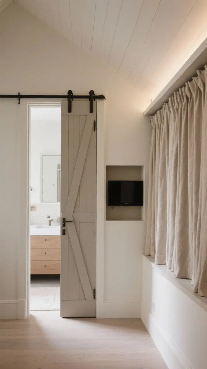 Detail/medium shot of doors: Attic passage with space-saving solutions—an inset pocket door leading to an ensuite, a slim barn-style sliding panel concealing a TV nook, and curtained wardrobes along the low knee wall with soft linen drapery; door finishes color-matched to the surrounding walls for a seamless look; clean trim lines, minimal hardware, soft indirect lighting, photorealistic.