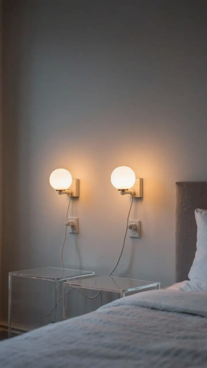 Detail/medium shot: Pair of plug-in wall sconces flanking a bed, mounted so the center of each sconce sits 5–6 inches above shoulder height when seated. Warm 2700K bulbs cast a cozy glow; cords neatly hidden with paint-matched cord covers. Nightstands are clear, emphasizing freed space. Evening lighting, intimate mood, straight-on crop.