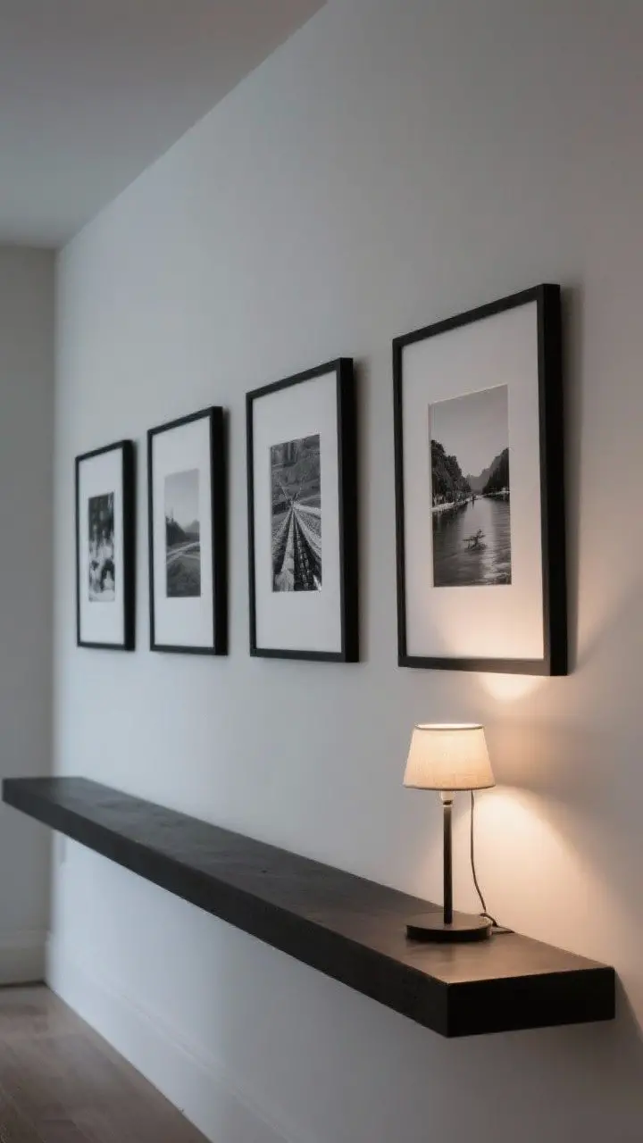 Detail/medium shot: Personalized photo ledges styled with unified black frames containing black-and-white travel photos, each with oversized white mats for a gallery vibe. A small lamp placed under the ledge casts a soft, sentimental glow upward. Minimal backdrop, clean lines, evening lighting for mood, straight-on view.