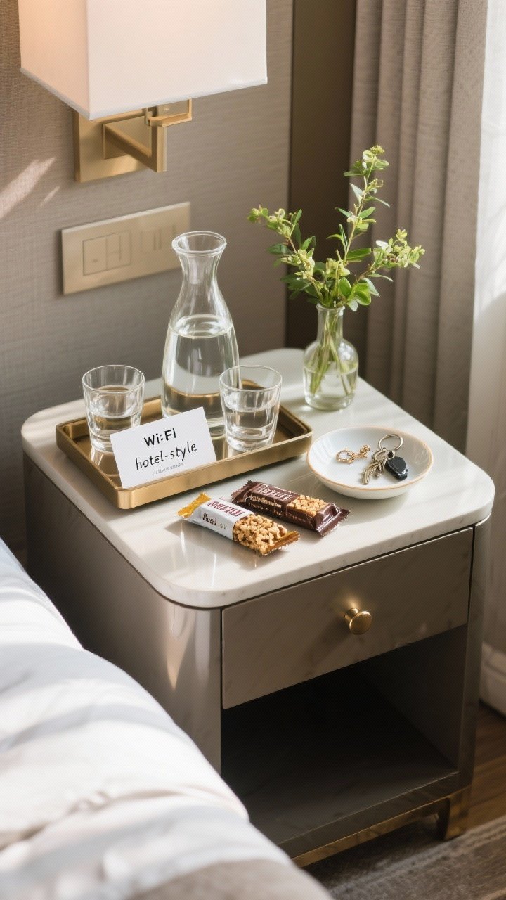 Detail overhead: A polished “hotel-style” welcome tray on a nightstand—glass water carafe with matching tumbler, a handwritten Wi‑Fi password card, a small catchall dish with space for jewelry and keys, and two neatly wrapped snacks (granola bar and chocolate). Add a tiny bud vase with fresh greenery; soft natural morning light, photorealistic.