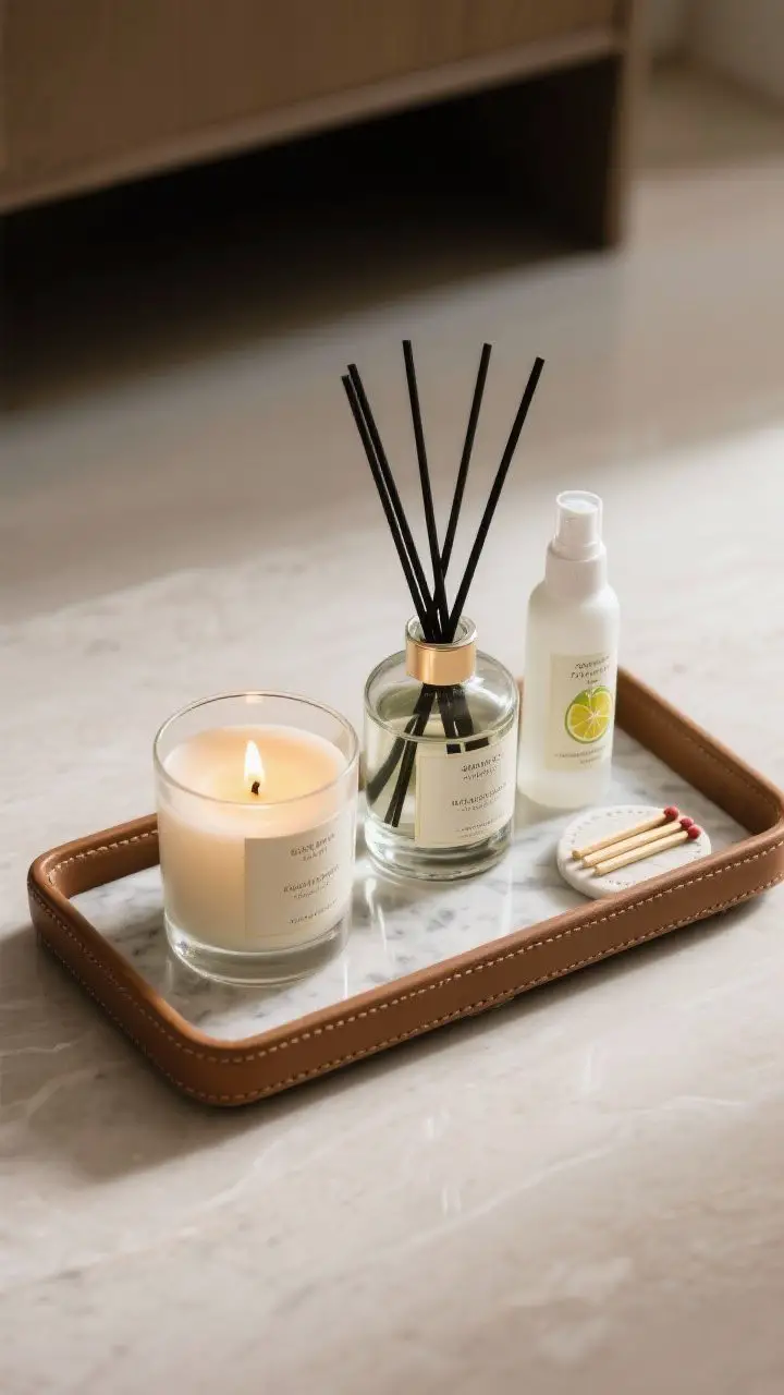 Detail overhead shot of a signature scent station on a tray: a lit candle for ambiance, a sleek reed diffuser, and a minimalist room spray bottle grouped cohesively; labels in a single scent family (e.g., citrus); marble or leather tray surface, with matches and a small coaster; soft natural side light, photorealistic glass and liquid reflections.