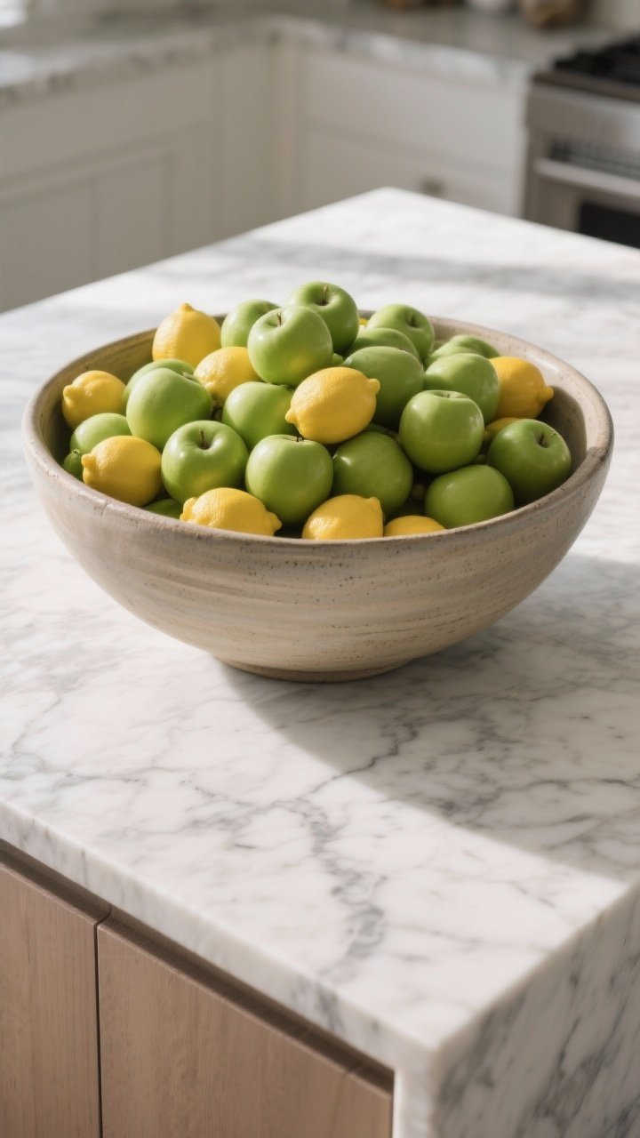Detail overhead shot of an oversized, wide-and-shallow hand-thrown ceramic bowl piled with monochrome fruit (all lemons or all green apples) on a marble island. Emphasize abundance without mess, rich color pop against cool marble, crisp natural daylight, minimal background elements to keep focus on the bowl’s form and fruit color.
