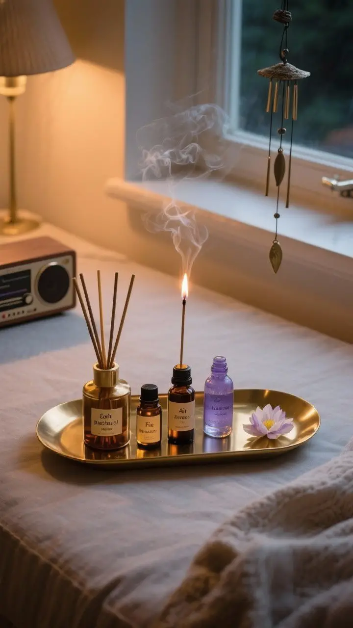 Detail overhead shot of scent and sound elements: a brass tray with reed diffuser and essential oils labeled Earth (patchouli, vetiver), Fire (clove, amber), Air (lavender, bergamot), Water (sea salt, lotus); a lit incense stick with gentle smoke, nearby small speaker or vintage radio suggesting ambient playlist, and a window edge with a delicate wind chime; warm, cozy evening lighting, no people, photorealistic.