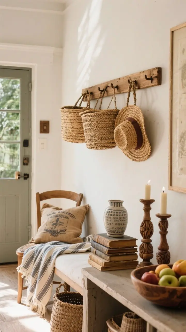 Detail-rich entry vignette of personal French touches: wooden peg rail with woven market baskets and straw hats, a striped linen throw draped over a chair, a French grain sack pillow on a bench; stack of old books beside ceramic candlesticks, carved wood bowl filled with fruit on a console; warm, natural light conveying collected-over-time stories.